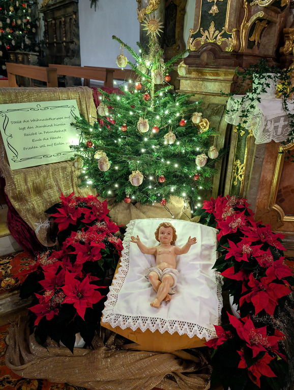 Krippe mit Jesuskind und Christbaum